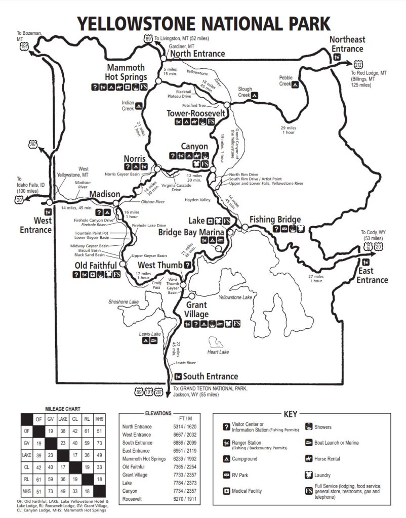 Yellowstone mileage map